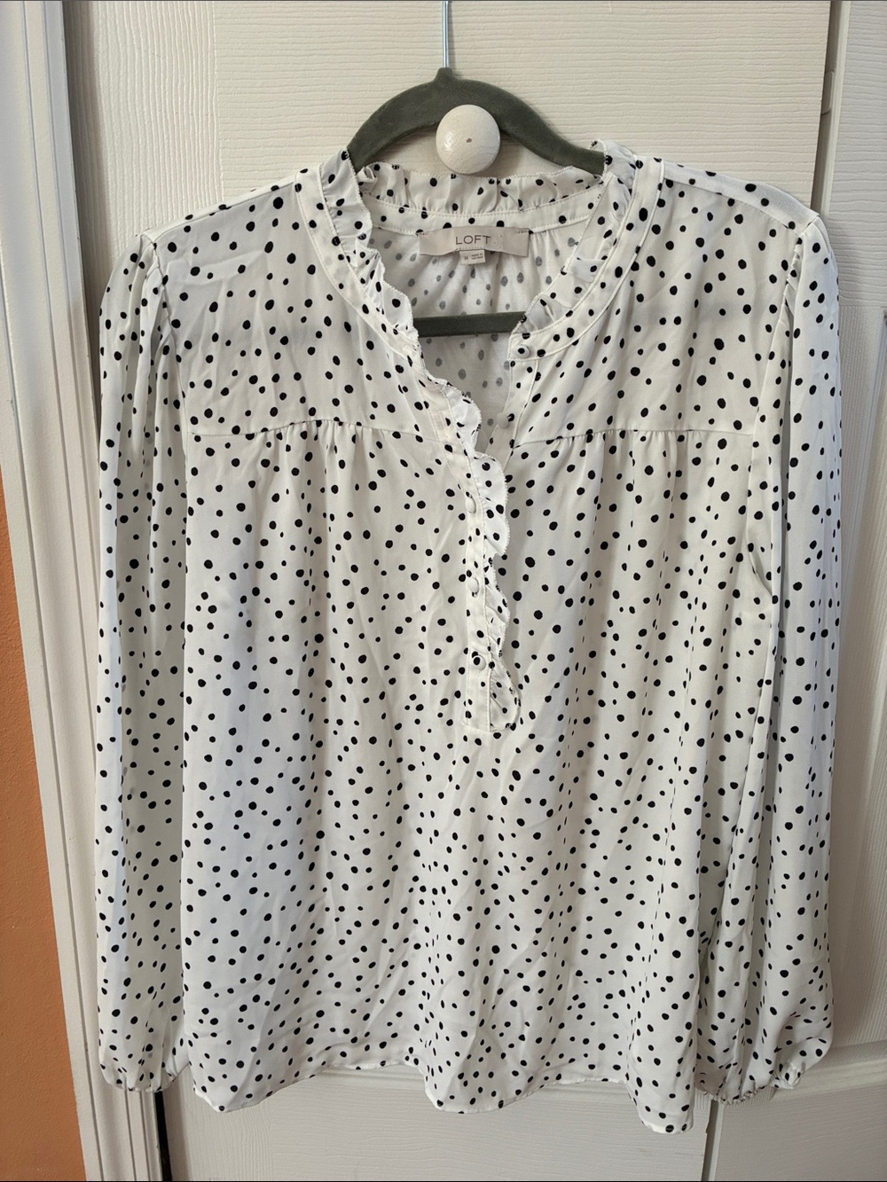 LOFT White Blouse with Black Polka Dots and Ruffle Trim